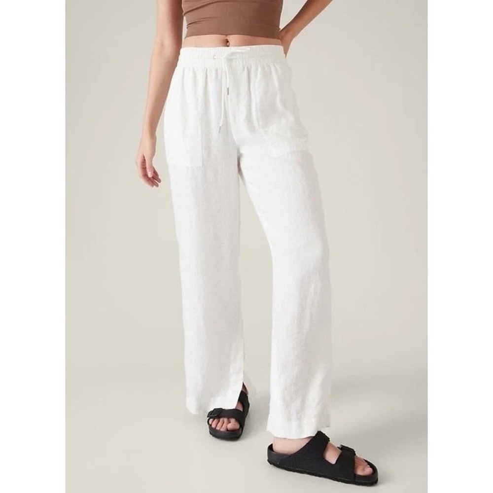 Athleta Retreat 100% Linen Wide Leg Pants White Resort Beach Zip Pockets Size 8